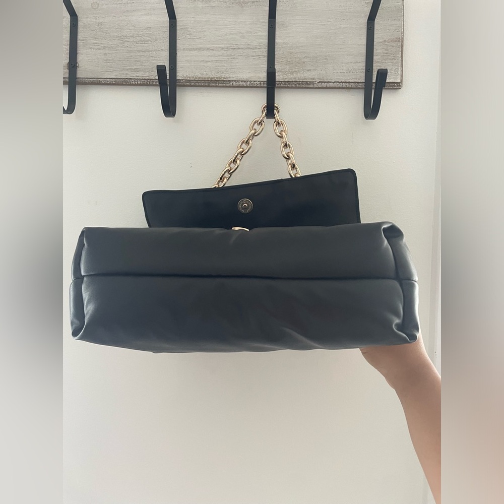 Black Quilted Puffy Vegan Leather Shoulder Bag with Gold Chain Strap - Picture 6 of 7
